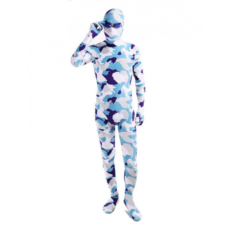 Unisex Blue White Camouflage Lycra Spandex Full Body Zentai Suit Halloween Holiday