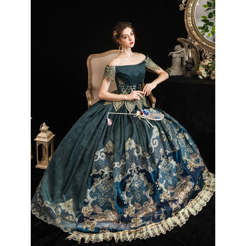 Women Victorian Dress Costumes 's Retro Dark Navy Short Sleeves Off The Shoulder Baroque Costumes Dress Marie Antoinette Victoria Era Clothing Party Prom Dress Vintage Victorian Era ROCOCO