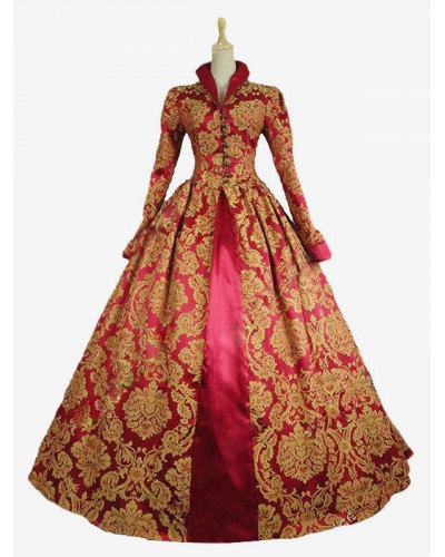 Women Victorian Dress Costume Costume Red Lace Ruffles Stand Collar Gold Stamping Vintage Victorian Era Clothing Retro Dress Halloween Sets Baroque