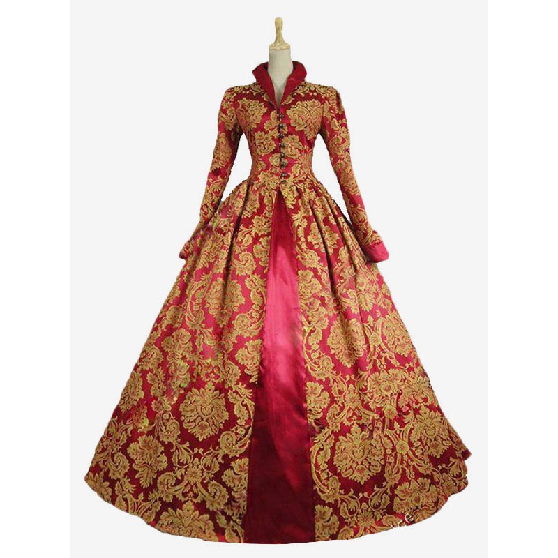 Women Victorian Dress Costume Costume Red Lace Ruffles Stand Collar Gold Stamping Vintage Victorian Era Clothing Retro Dress Halloween Sets Baroque