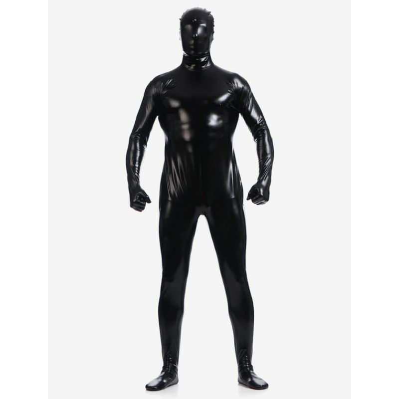 Men Black Zentai Suit Adults Full Body Shiny Metallic Bodysuit For Solid