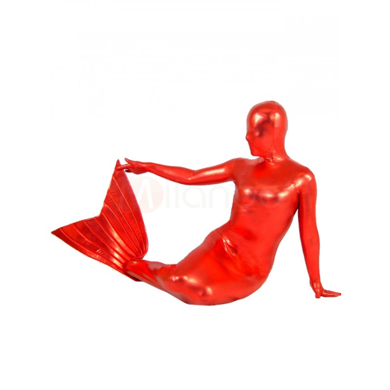 Unisex Red Shiny Metallic Mermaid Suit