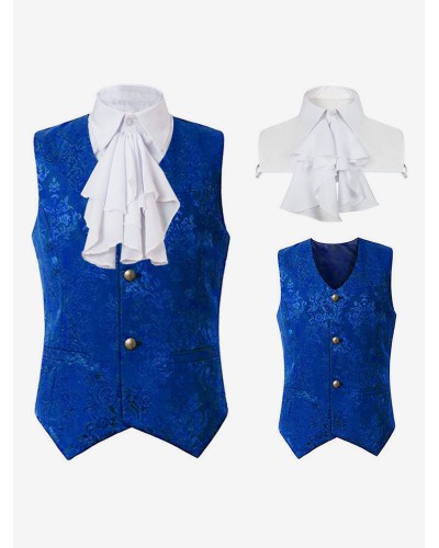 Men Blue Top Ruffles Sleeveless Polyester Polyester Fiber Waistcoat Retro Costumes For Man Tops Vintage