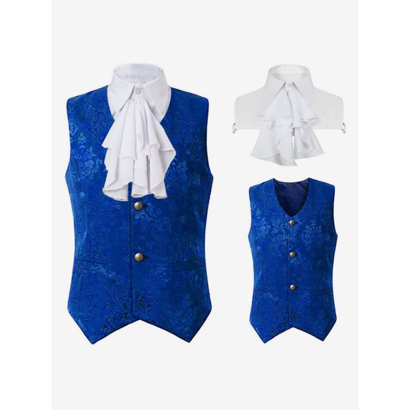 Men Blue Top Ruffles Sleeveless Polyester Polyester Fiber Waistcoat Retro Costumes For Man Tops Vintage