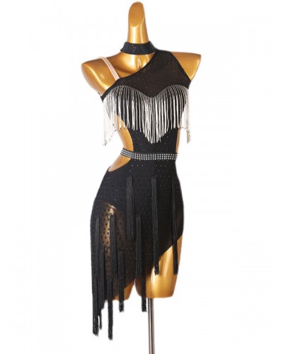 Women Latin Dance Costume Black 's Rhinestones Fringe Backless Polyester Dress Dancing Costume Bodycon Sexy