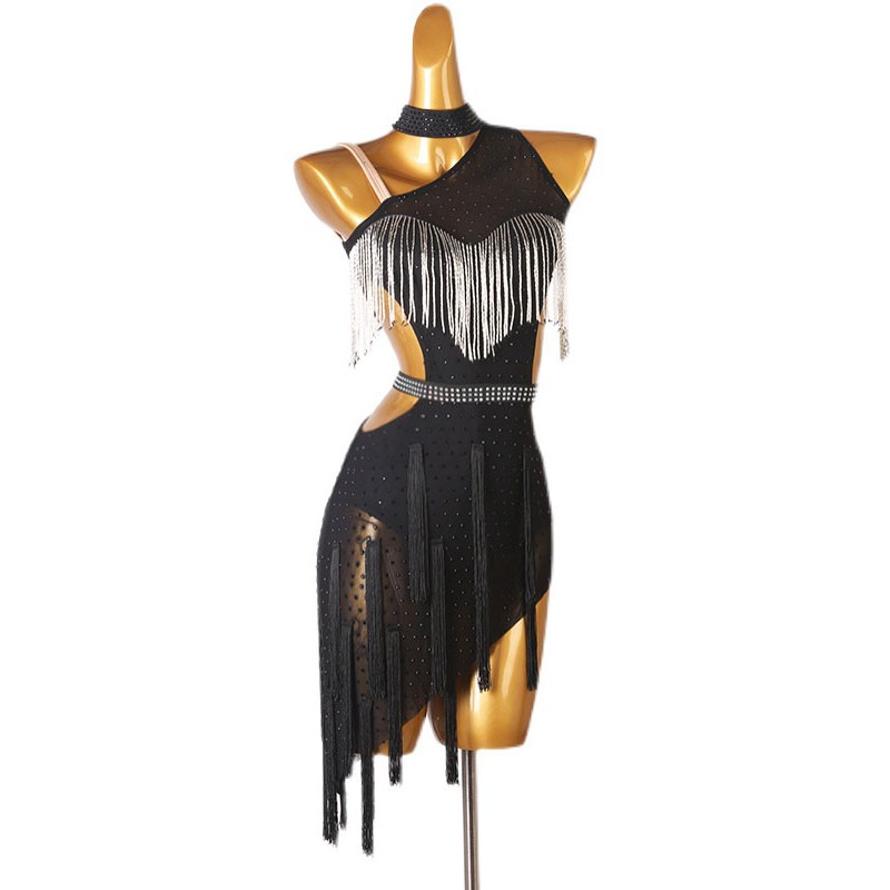 Women Latin Dance Costume Black 's Rhinestones Fringe Backless Polyester Dress Dancing Costume Bodycon Sexy