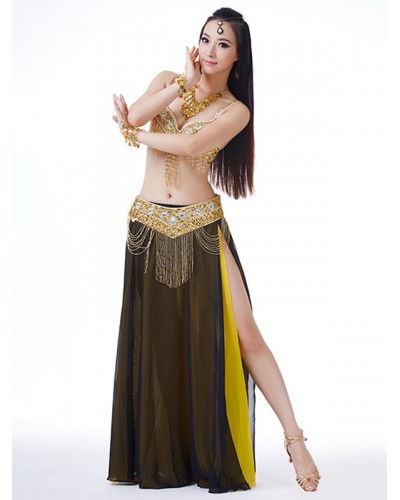 Women Belly Dance Long Skirt Green Adult's Belly Dancer Set Beaded Sequins Polyester Performance Costume Sets