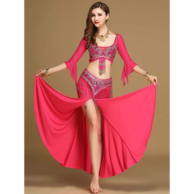 Belly Dance Costumes Women Rose Red Beading High Slit Performance Costume Halloween Sexy Belly Dancing