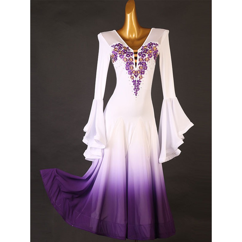 Women Ballroom Dance Costumes Purple 's Elegant Lycra Spandex Flowers Dress Dance Wear