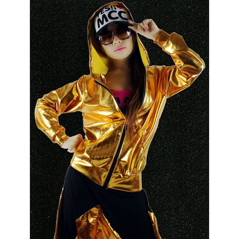 Women Hip Hop Dance Costume Gold Jacket With Pants Sets