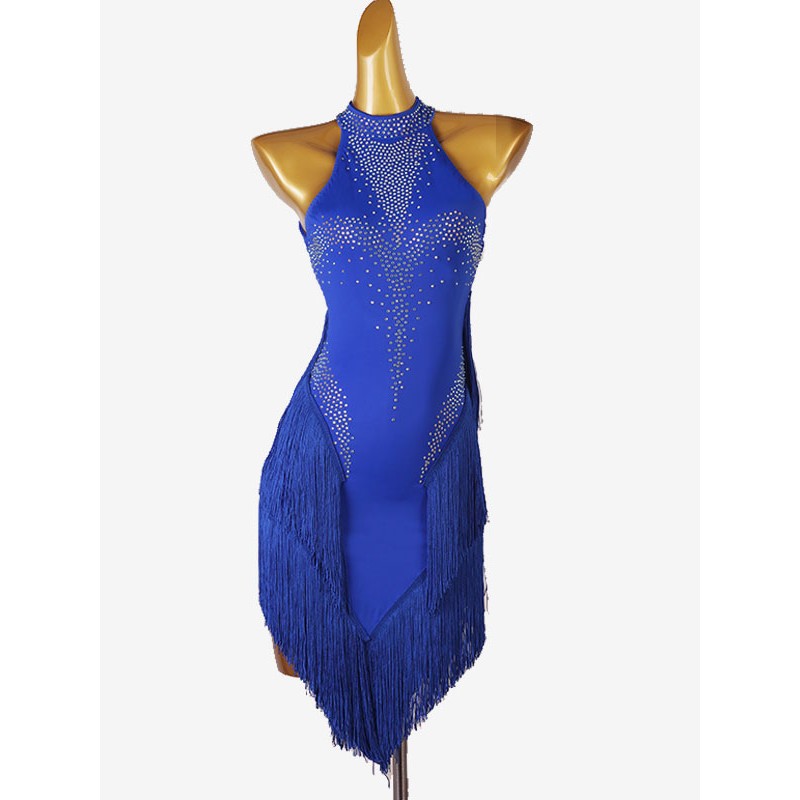 Latin Dance Costume Royal Blue Women's Lycra Spandex Dress Backless Sexy Rhinestones Costume Dancing Holiday Ball