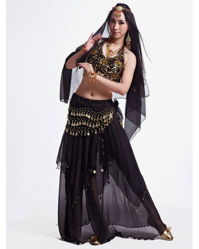 Belly Dance Skirt Adult's Beaded Lace Up Black Gold Christmas Set Chiffon Belly Dance Wear For Women Exotic Belly Dancing Ball Graduation Prom