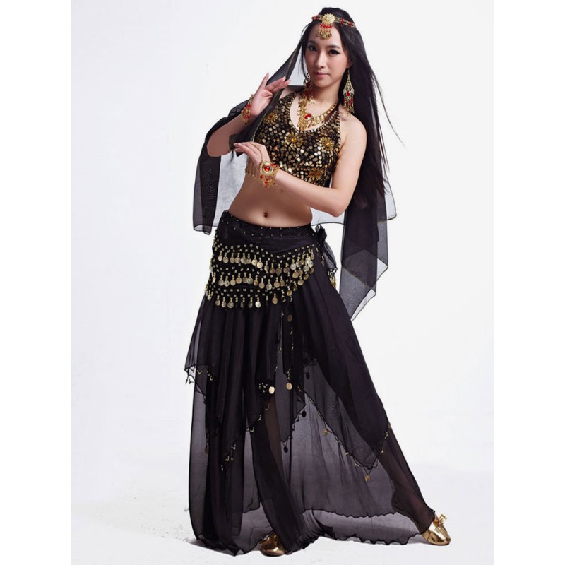 Belly Dance Skirt Adult's Beaded Lace Up Black Gold Christmas Set Chiffon Belly Dance Wear For Women Exotic Belly Dancing Ball Graduation Prom