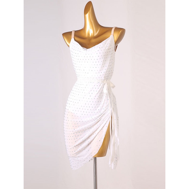 Women Latin Dance Dresses White 's Rhinestones Backless Polyester Dress Dancing Wear Bodycon Sexy