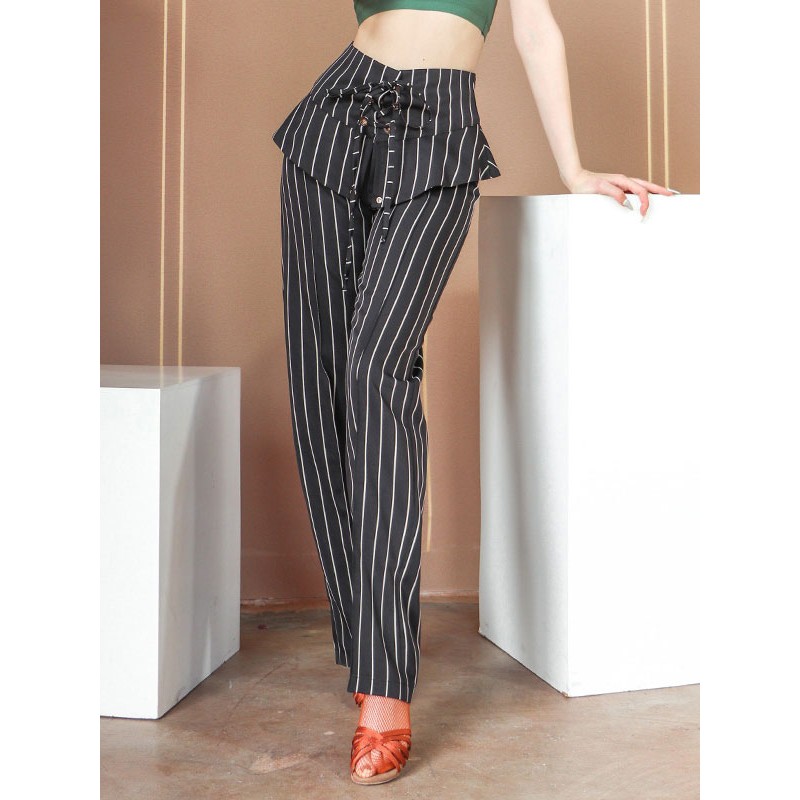 Women Ballroom Dance Costumes Black Polyester Bottoms Stripes Pattern Pants Dancing Wear