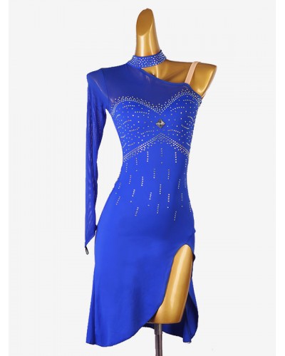 Latin Dance Costume Royal Blue Women's Lycra Spandex Dress Backless Elegant Rhinestones Costume Dancing Holiday Ball