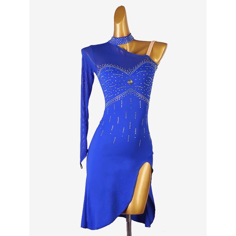 Latin Dance Costume Royal Blue Women's Lycra Spandex Dress Backless Elegant Rhinestones Costume Dancing Holiday Ball