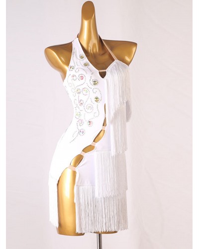 Women Latin Dance Dresses White 's Polyester Dress Backless Fringe Rhinestones Latin Dancer Dancing Wear Bodycon Sexy