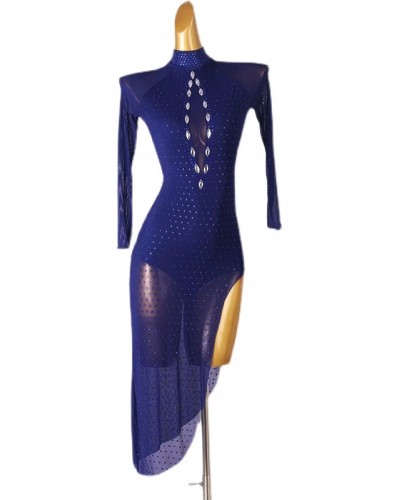 Latin Dance Dresses Dark Navy Women's Rhinestones Bodycon Polyester Dress Dancing Wear Sexy Ball