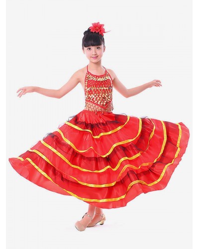 Girls Kids Belly Dance Costumes Red Layered Billowing Flamenco Dress Paso Doble Dress Spanish Skirt For Carnival