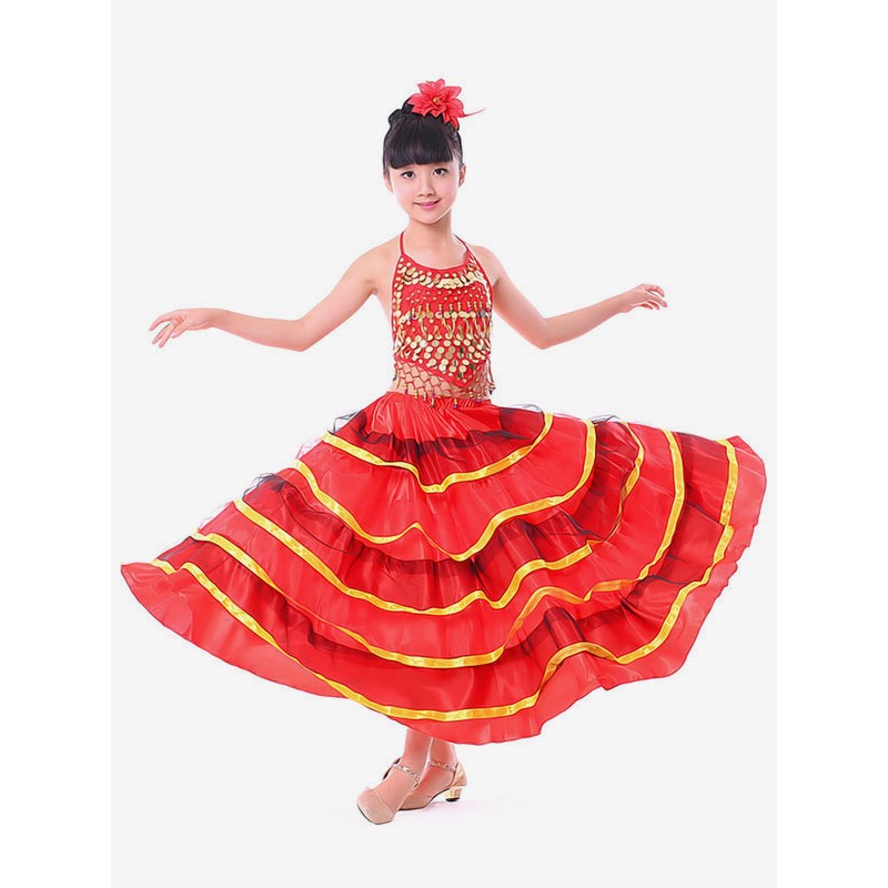 Girls Kids Belly Dance Costumes Red Layered Billowing Flamenco Dress Paso Doble Dress Spanish Skirt For Carnival