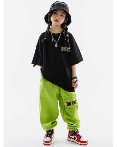 Hip Hop Dance Costumes Kid's Black Unisex Top Pants Set Cotton Street Costume Dancing Party Ball