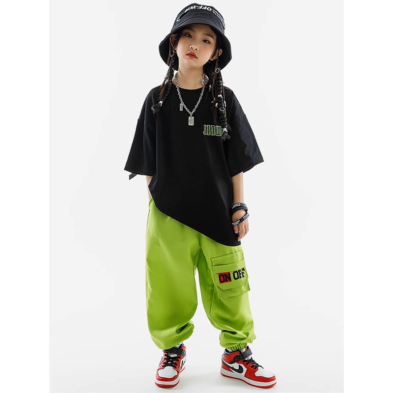 Hip Hop Dance Costumes Kid's Black Unisex Top Pants Set Cotton Street Costume Dancing Party Ball