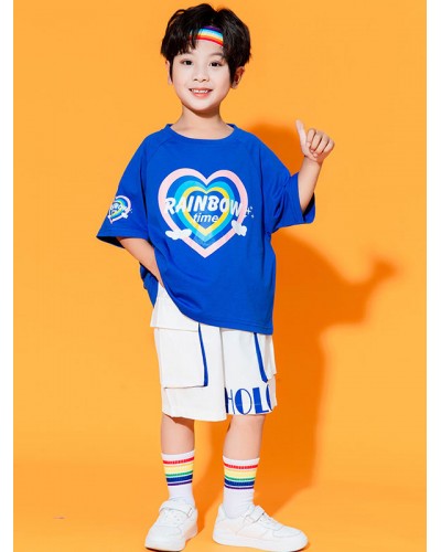 Men Hip Hop Dance Costumes Kid's Blue 's Dancer Top Pants Set Polyester Street Dancing Costume Sets