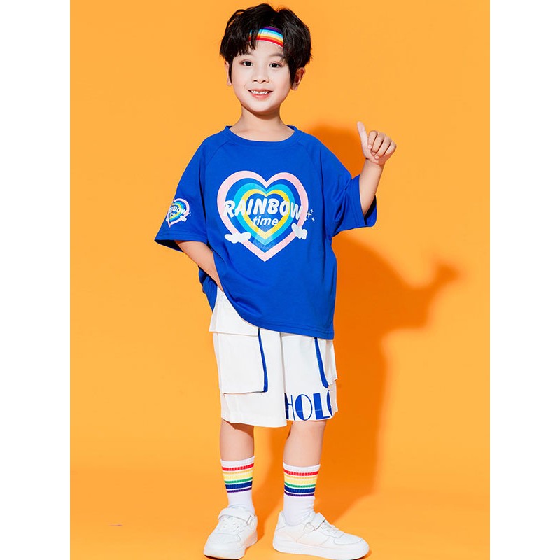 Men Hip Hop Dance Costumes Kid's Blue 's Dancer Top Pants Set Polyester Street Dancing Costume Sets