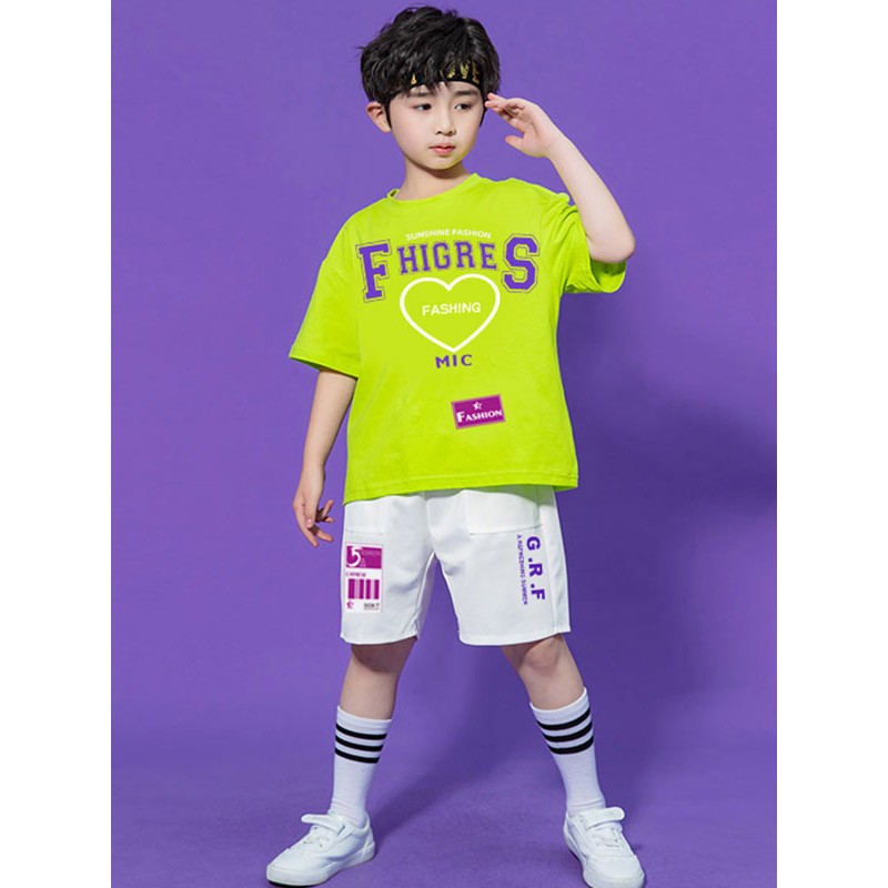 Men Hip Hop Dance Costumes Kid's Green 's Dancer Pants Top Set Polyester Street Dancing Costume Sets