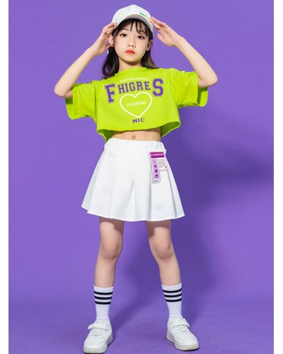 Women Hip Hop Dance Costumes Kid's Green 's Dancer Skirt Top Set Polyester Street Dancing Costume Sets