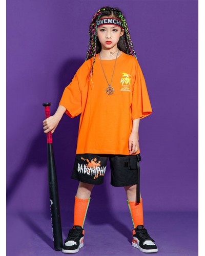 Dance Costumes Kid's Orange Men's Dancer Top Pants Set Polyester Street Dancing Costume Hip Hop Party Holiday Ball