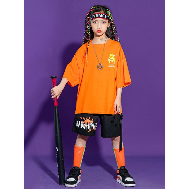 Dance Costumes Kid's Orange Men's Dancer Top Pants Set Polyester Street Dancing Costume Hip Hop Party Holiday Ball