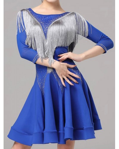 Women Latin Dance Dresses Royal Blue 's Lycra Spandex Dress Elegant Fringe Latin Dancer Dancing Wear