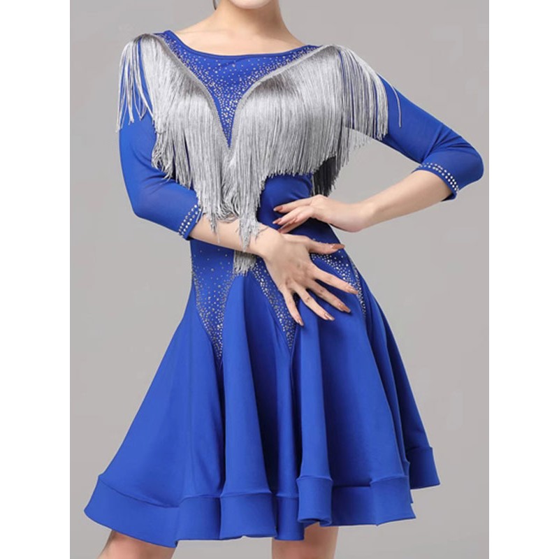 Women Latin Dance Dresses Royal Blue 's Lycra Spandex Dress Elegant Fringe Latin Dancer Dancing Wear