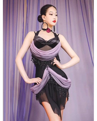 Women Latin Dance Dresses Black 's Polyester Dress Backless Fringe Latin Dancer Dancing Costume Bodycon Sexy Elegant