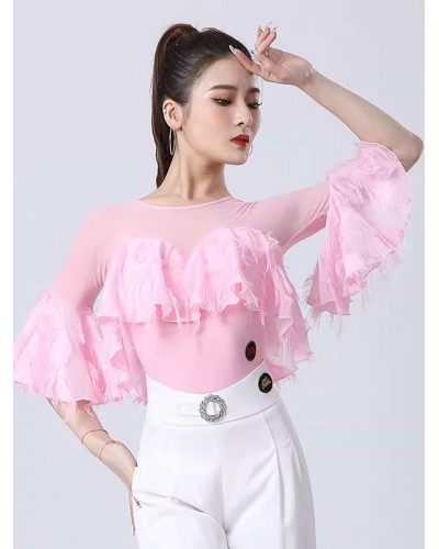 Latin Dance Costume Pink Women's Ruffled Chiffon Top Wear Dancing Ball