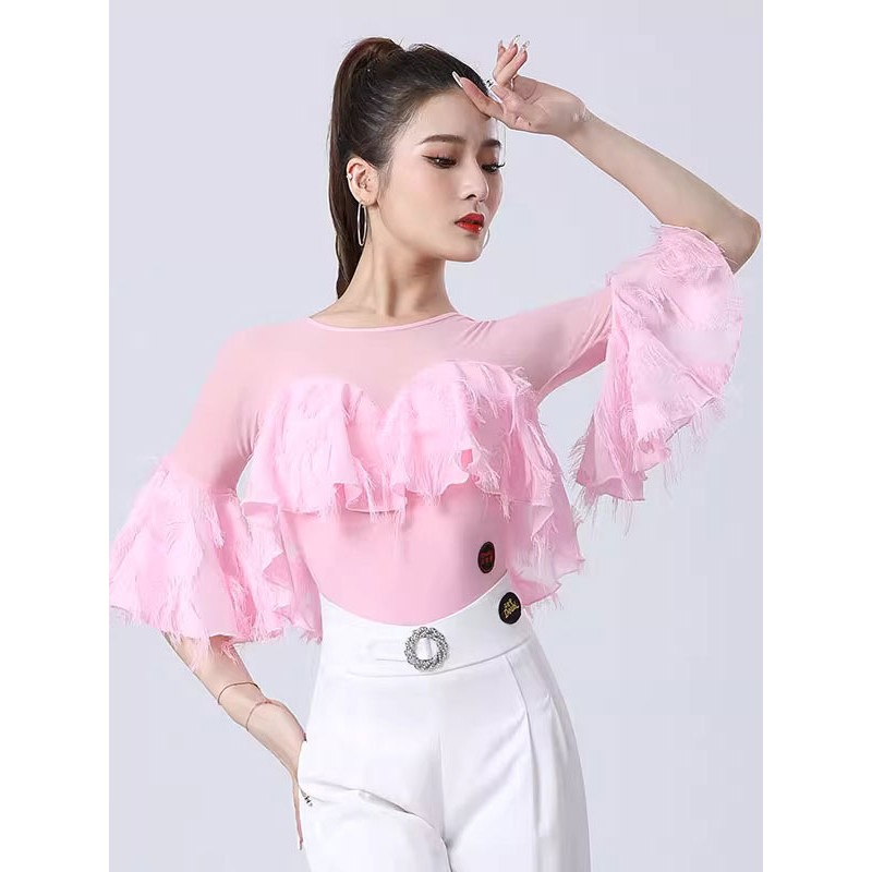 Latin Dance Costume Pink Women's Ruffled Chiffon Top Wear Dancing Ball