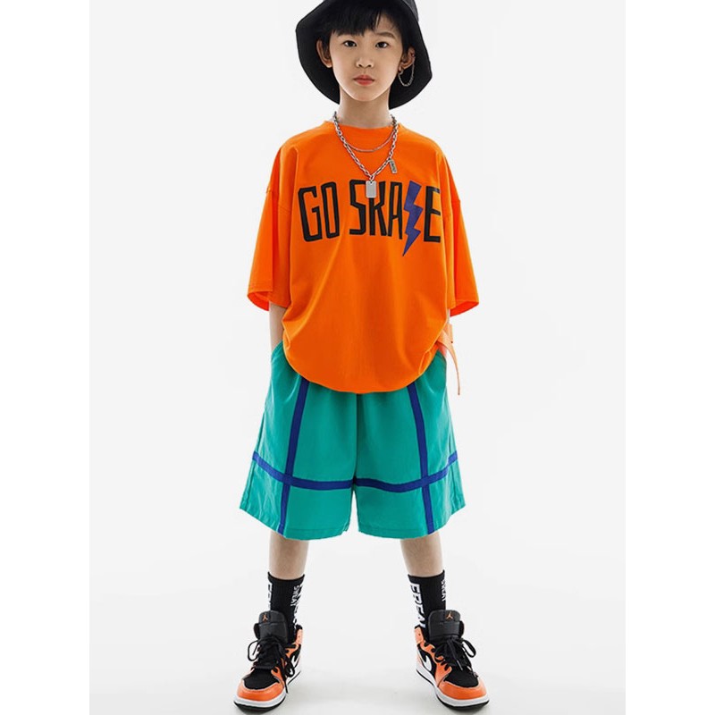 Dance Costumes Kid's Orange Unisex Top Pants Set Cotton Street Costume Hip Hop Dancing Party