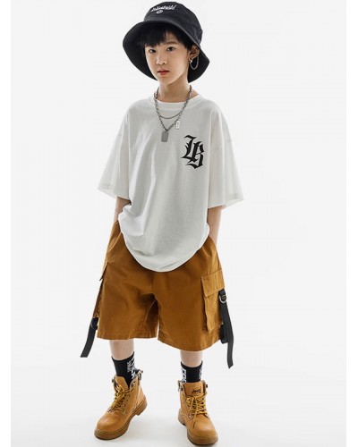 Dance Costumes Kid's Coffee Brown Unisex Top Pants Set Cotton Street Costume Hip Hop Dancing Party