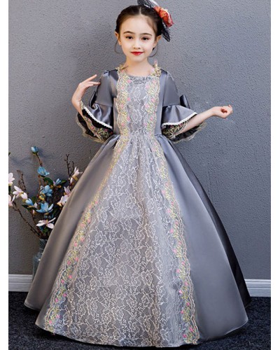 Kids Carnival Costumes Outfits Victorian Style Floral Lace Grey Royal Vintage Dress Cosplay Wears Mardi Gras Halloween