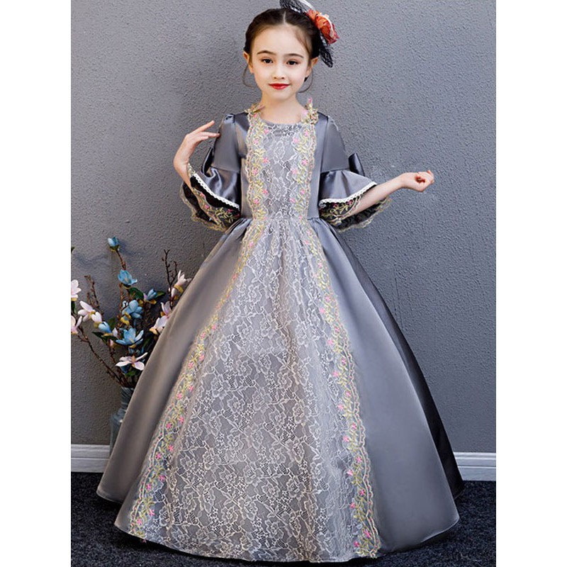 Kids Carnival Costumes Outfits Victorian Style Floral Lace Grey Royal Vintage Dress Cosplay Wears Mardi Gras Halloween