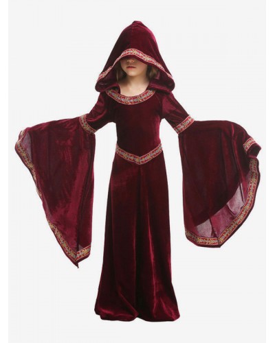 Girls Kids Carnival Costumes Burgundy Vampire Velour Clothes Cosplay Wears For Child