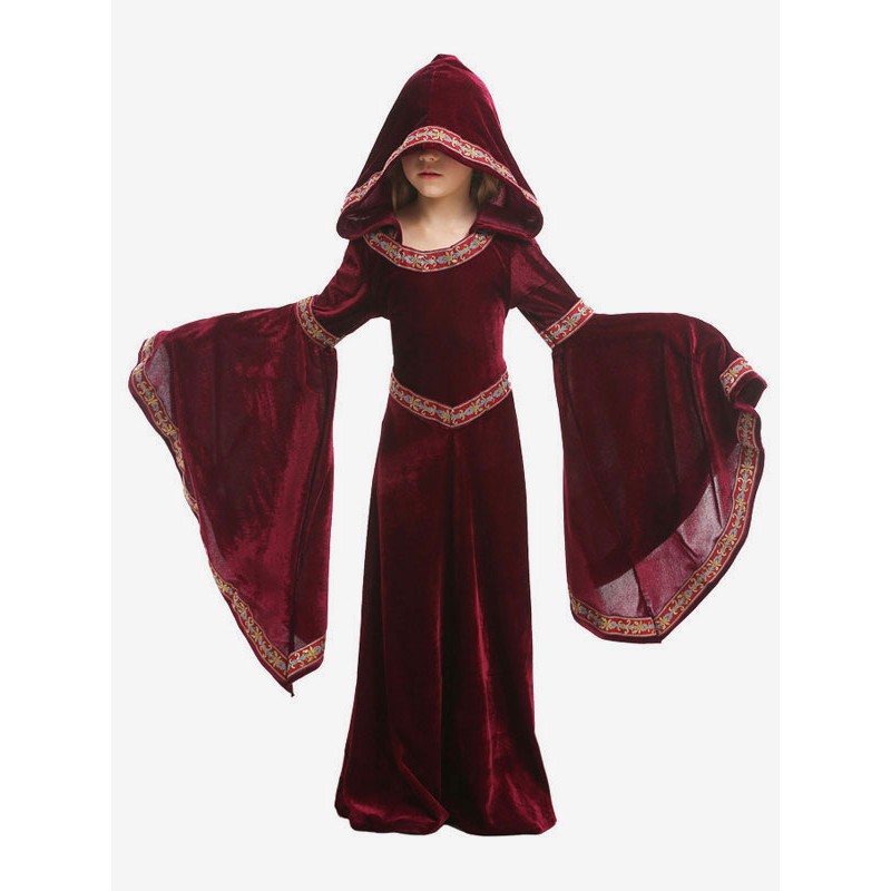 Girls Kids Carnival Costumes Burgundy Vampire Velour Clothes Cosplay Wears For Child