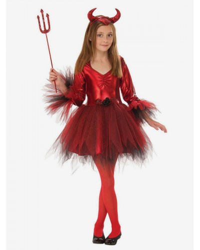 Kids Halloween Costumes Red Devils Polyester Dress Headwear Girls Cosplay Costume Full Set Holiday