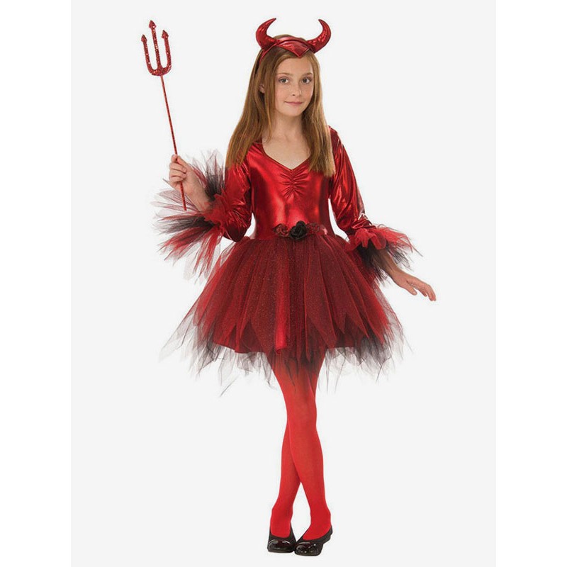 Kids Halloween Costumes Red Devils Polyester Dress Headwear Girls Cosplay Costume Full Set Holiday