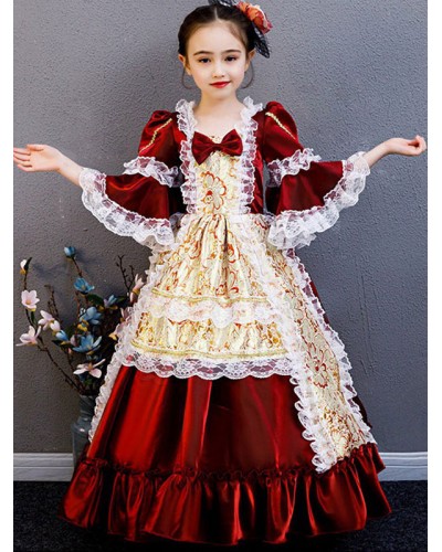 Carnival Costumes For Kids Lace Ruffle Burgundy Royal Kid's Dress Mardi Gras Halloween