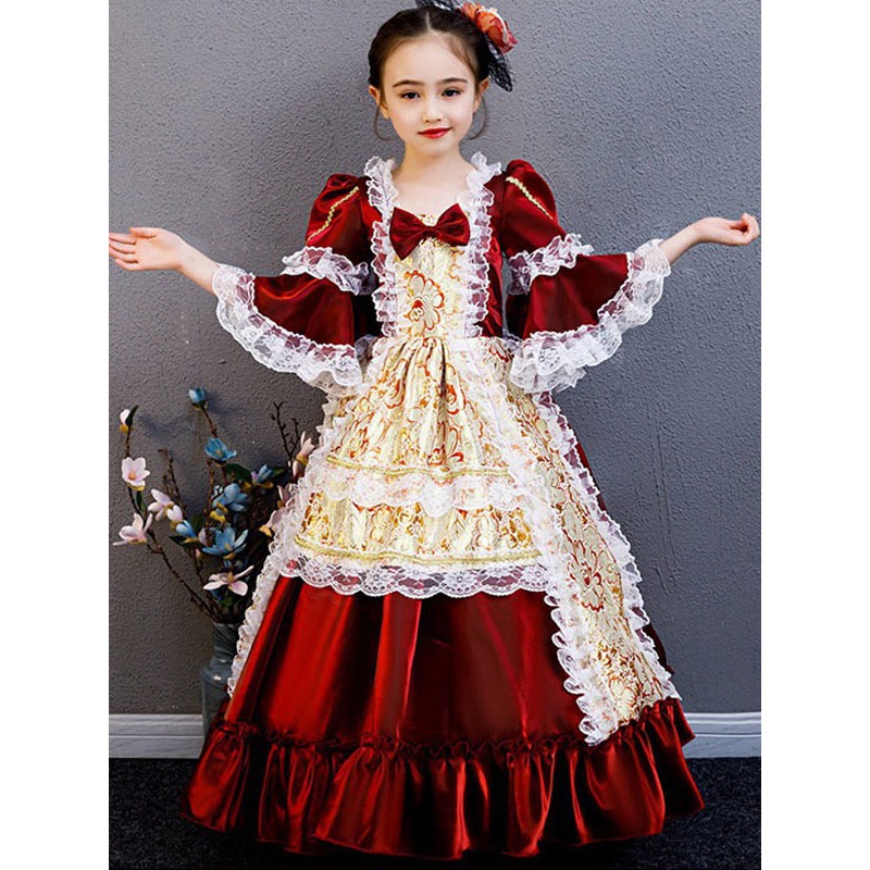 Carnival Costumes For Kids Lace Ruffle Burgundy Royal Kid's Dress Mardi Gras Halloween