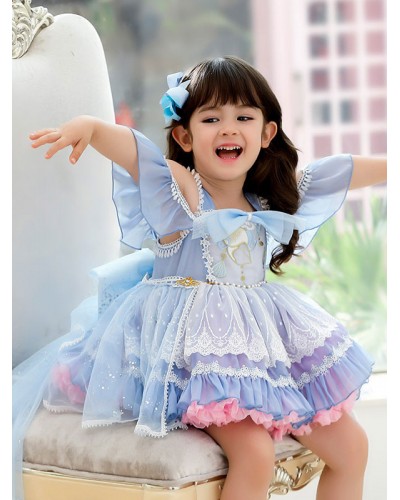 Polyester Tea Party Lace Short Sleeves Polyester Spring Dress ROCOCO Style Light Sky Blue Kids' Lolita Dresses