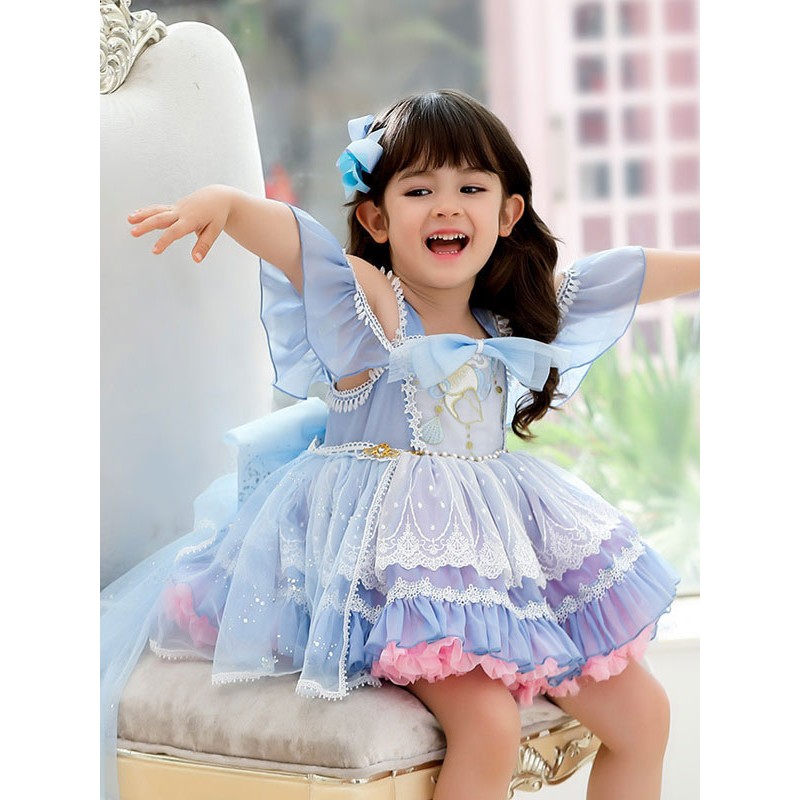 Polyester Tea Party Lace Short Sleeves Polyester Spring Dress ROCOCO Style Light Sky Blue Kids' Lolita Dresses